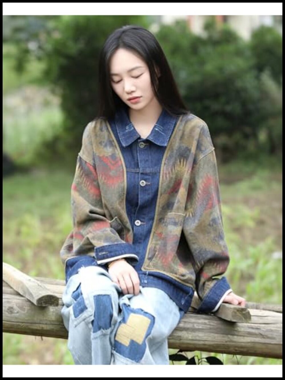 Vintage Aztec Print Denim Jacket Loose Fit Long Sleeve Button Down Coat - Picture 3 of 6